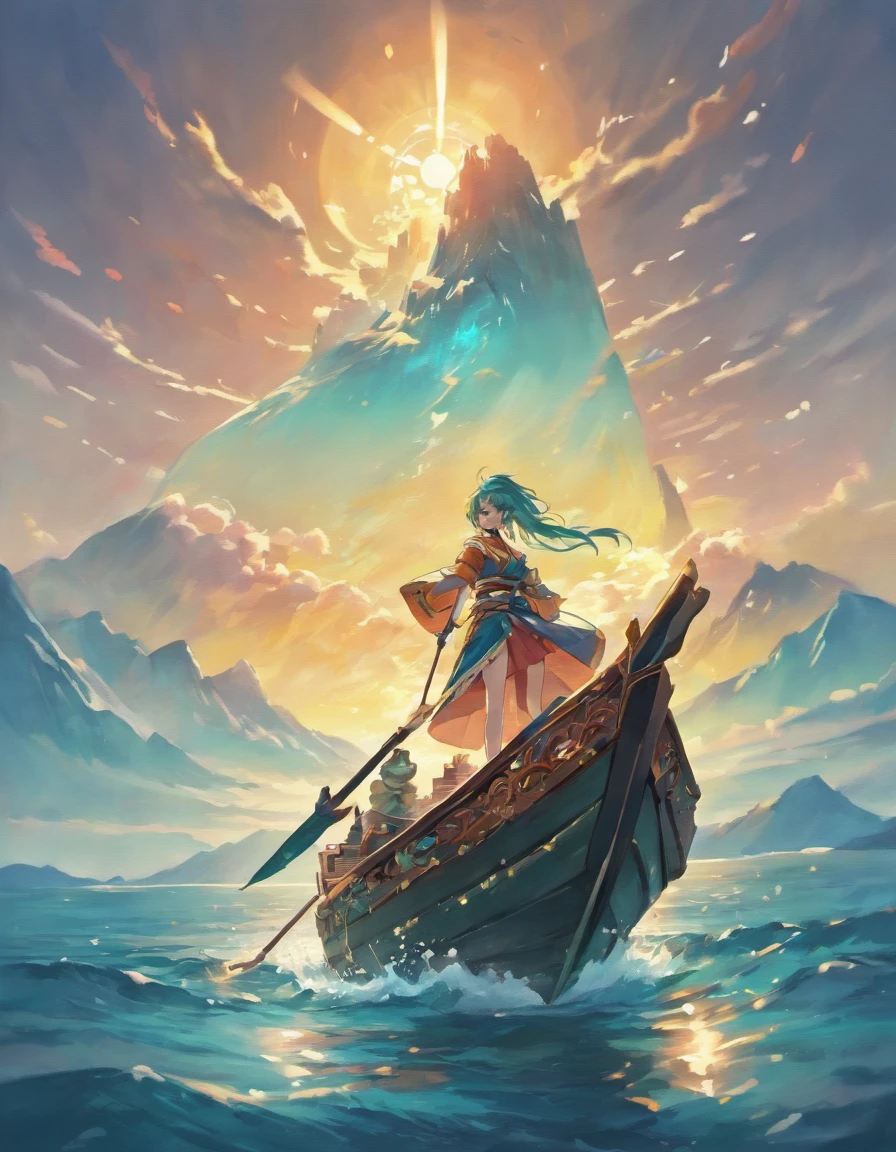 Draw boats in lakes with mountains and sun,dreamlike digital painting, fantasy digital painting, fantasy. gondola boat, Chinese style painting, digital cartoon painting art, glossy digital painting, Chinese painting style, Digital fantasy painting, 8k resolution digital painting, 8 k resolution digital painting, Fantasy landscape painting, A beautiful artwork illustration, 4 k digital painting,Sword