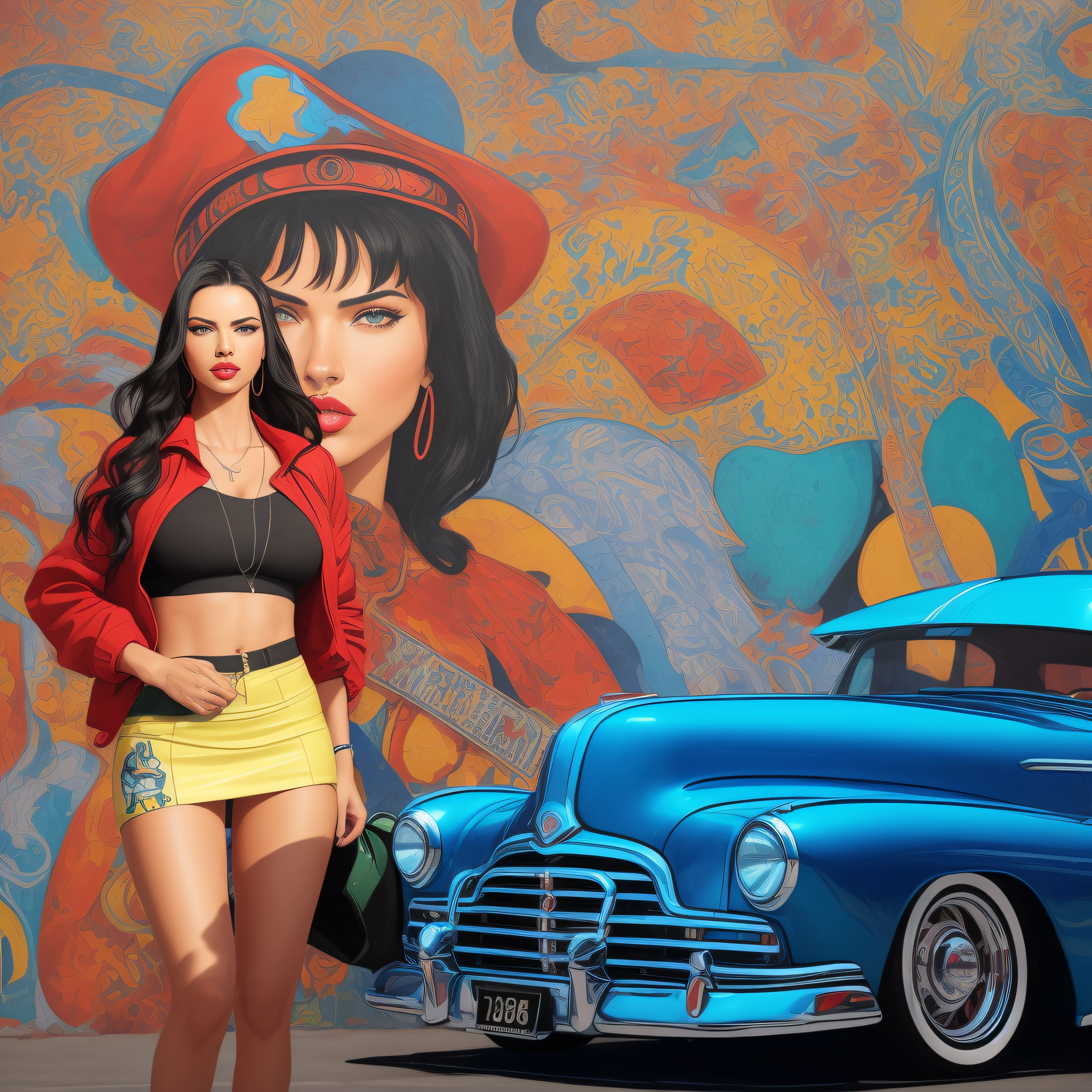 arafed woman (Adriana Lima :1.1) red lips, green eyes in a short skirt and a red jacket standing next to a blue car, chicano airbrush art, standing in front of lowrider, in style of digital illustration, in style of digital painting, inspired by Bruce Gilden, lowrider style, stylized digital illustration, style digital painting, digital art. @mariomaniacdude