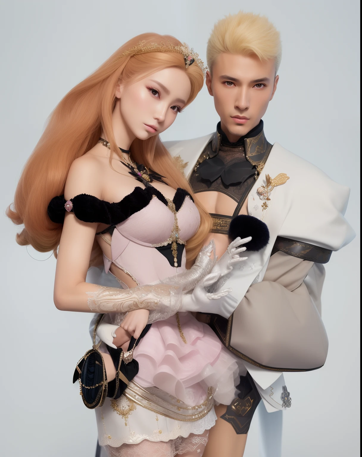 there is a woman and a man dressed in a costume, sakimichan and frank franzzeta, nixeu and sakimichan, wearing fantasy formal clothing, gregoire and manon, an elegant couple, style game square enix, aristocratic appearance, kda and sam yang, anime barbie in white, very detailed and rich clothing