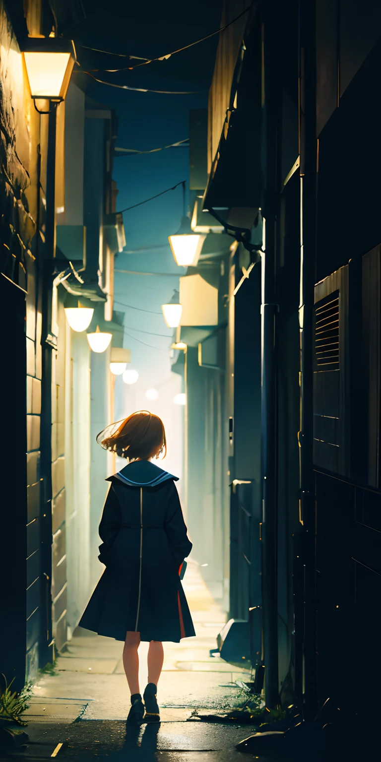 Emma, a young woman with a secret, walks nervously down a dark, desolate alleyway. She glances over her shoulder, feeling a creeping sense of dread.