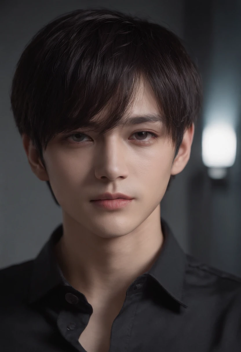 kk, best quality, more details, masterpiece, kaneki ken, 1boy, male focus, solo, heterochromia, black background, bangs, right eye is red and left eye is white, short hair, shirt, hand up, black hair, stylish boycut hair, collared shirt, nail polish, black shirt, parted lips, looking at viewer, upper body, teeth, black nails, luxurious, 8k, detailed, ray tracing, depth of field, cinematic lighting, blood, smug look