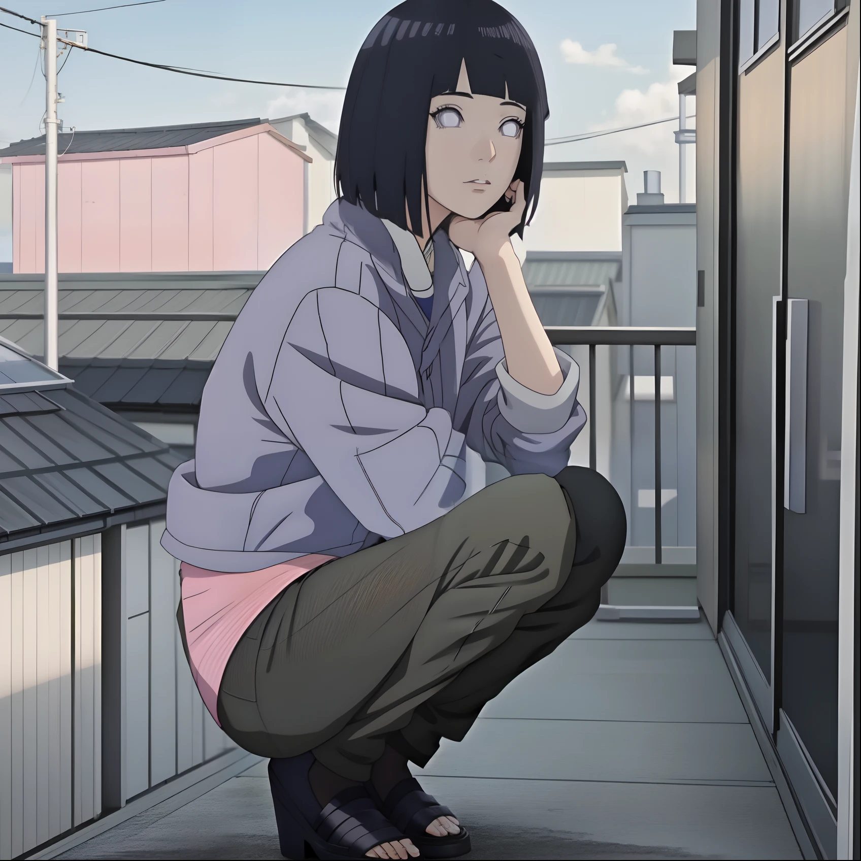Anime girl with black hair and blue jeans, die auf einem Balkon stehen, Realistischer Anime-3D-Stil, Hinata Hyuga, Realistischer Anime-Artstyle, Hinat Hyuga, beautiful anime girl squatting, seductive anime girl, Realistischer Anime-Kunststil, Anime-Realismus-Stil, Cute girl with short black hair, thicc, Semirealistischer Anime-Stil, im Anime-Stil, Anime-Kunststil,Lila Augen