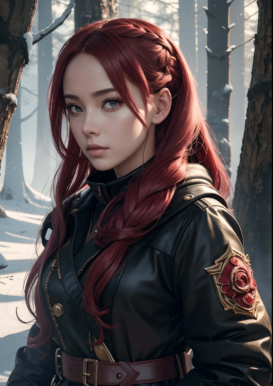 ((Best quality)) , ((Masterpiece)) , (Detailed) ,(Female:1.3)  , concept-art,  With the flow of lava, Red, Bloom Somali hairstyle, Hostile buckle, Nautical smartwatch, Forests and orchards, winter, Soft focus, Hyper Real, Horror, Golden ratio, Glenn Punk, Indirect light, f/1.8, Single color, Crimson silhouette, Lilac background, conceptartworld, hdr, 8K resolution