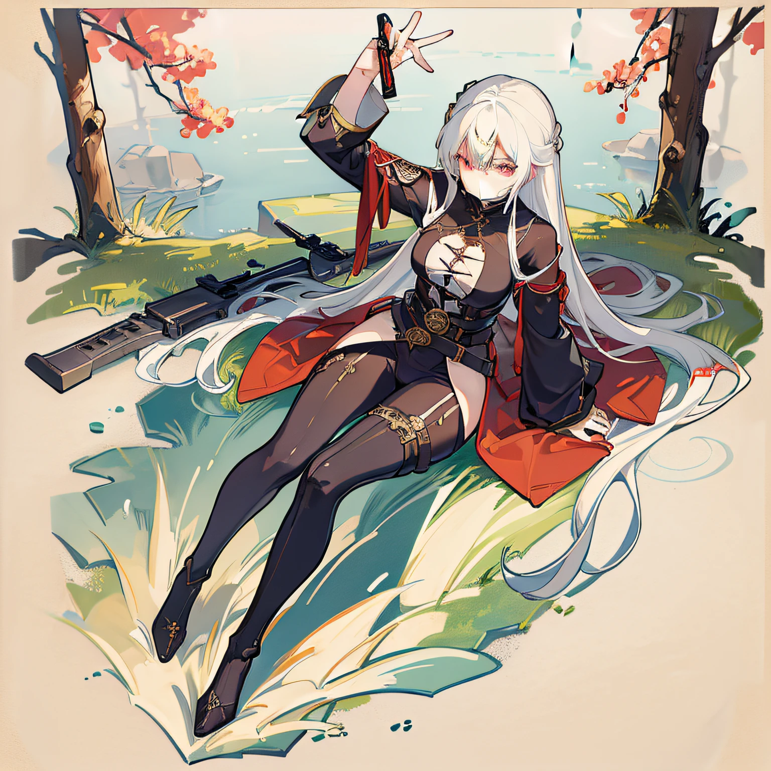 cohesive background,(character sheets:1.1),(clothes:1.15),clothes sheet,Masterpiece,(best qualtiy),highly detailed,Ultra-detailed,Pale,Red eyes,White hair:1, Long hair,Hair rings,sniper gun,Black bodysuit,Medium bust,high and cold expression, belt wrapping, dagger decoration,