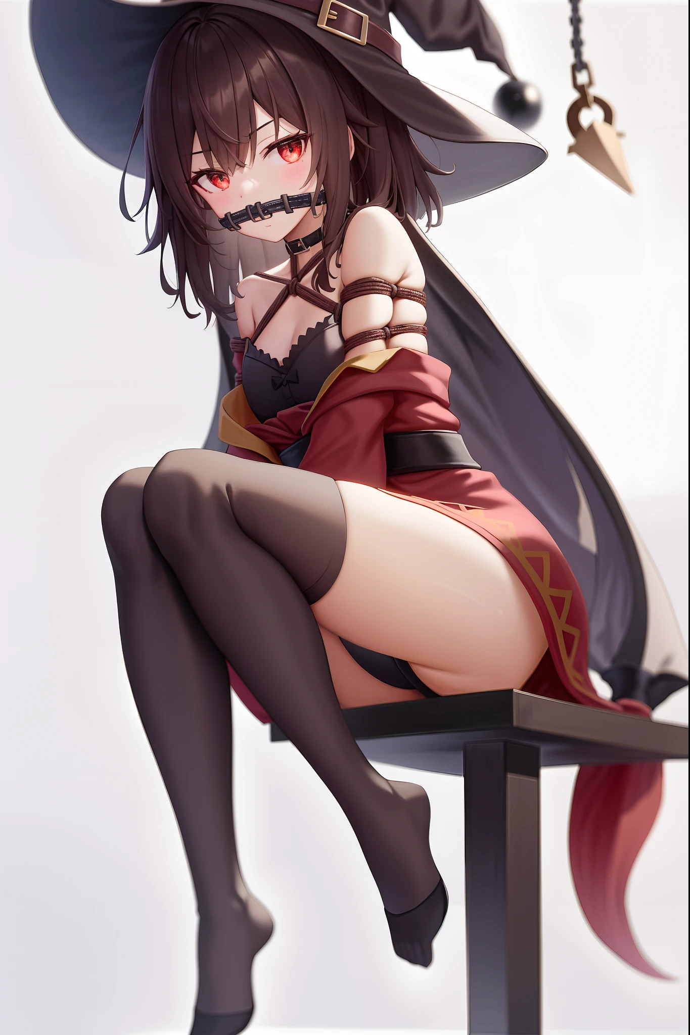 1girll,Arms behind your head, l looking_at_viewer, upper legs, the bow, shackle, BDSM, shackle, ropes, shackle, gaggage, Shibari, bound_arms, ball_gag, shibari_over_clothes,looking at viewert, bucket-hat, Witch hat, brown hair, short detailed hair, red eyes, a black choker, 鎖骨, flatchest, off the shoulder dress, shift dresses, Red dress, Brown cape, longer sleeves, black glove, Fingerless gloves, obi strip, Brown belt, Golden decoration, Zetai Long Iki, dent in the skin, (Asymmetrical legs:1.6), mismatched legwear,(bandaged leg:1.3),black thighhigns