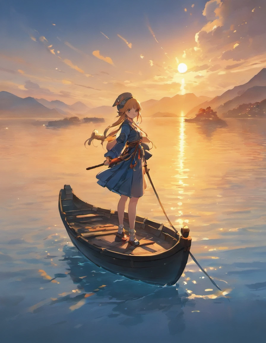 Draw boats in lakes with mountains and sun,dreamlike digital painting, fantasy digital painting, fantasy. gondola boat, Chinese style painting, digital cartoon painting art, glossy digital painting, Chinese painting style, Digital fantasy painting, 8k resolution digital painting, 8 k resolution digital painting, Fantasy landscape painting, A beautiful artwork illustration, 4 k digital painting，sword，wings