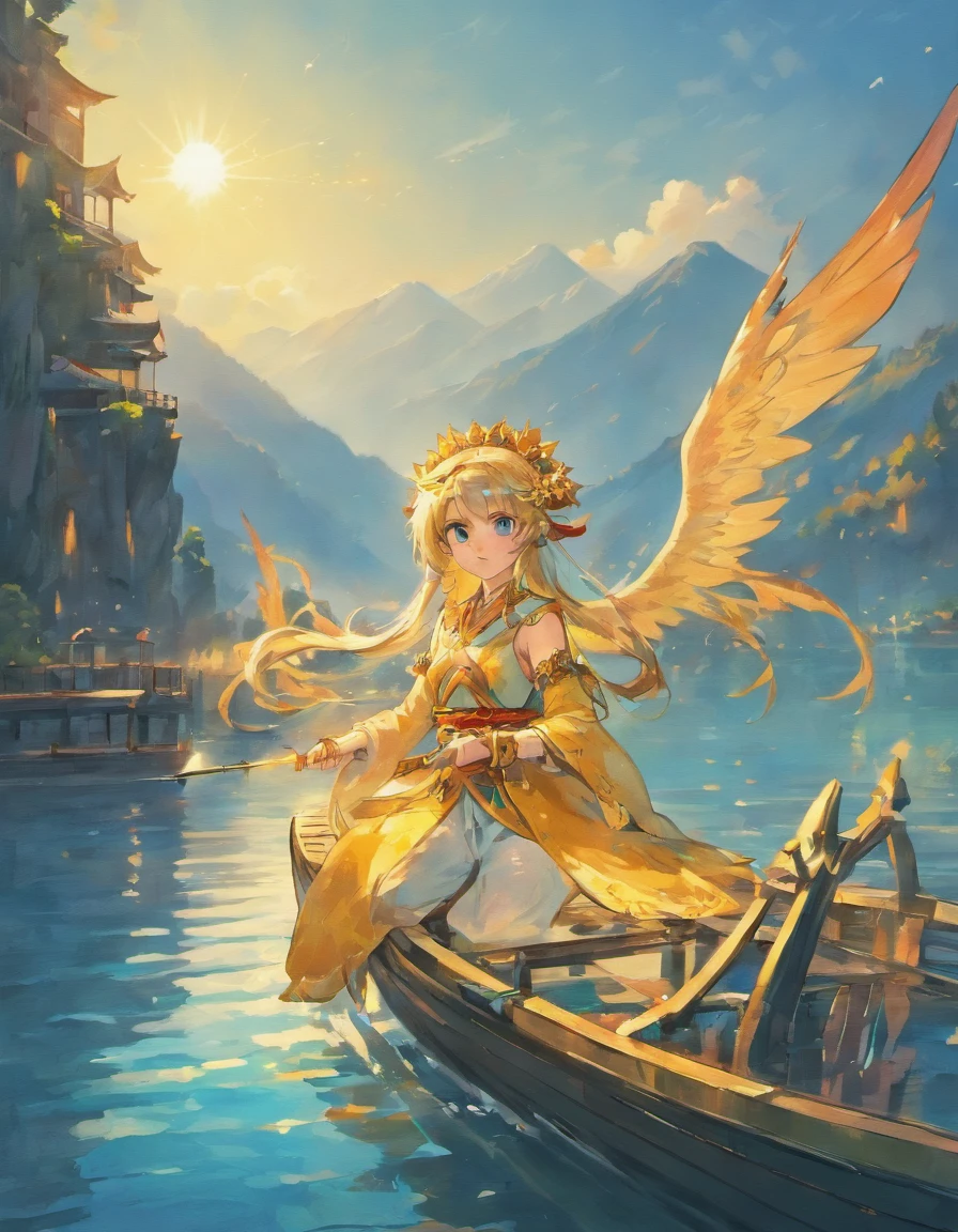 Draw boats in lakes with mountains and sun,dreamlike digital painting, fantasy digital painting, fantasy. gondola boat, Chinese style painting, digital cartoon painting art, glossy digital painting, Chinese painting style, Digital fantasy painting, 8k resolution digital painting, 8 k resolution digital painting, Fantasy landscape painting, A beautiful artwork illustration, 4 k digital painting,sword,wings