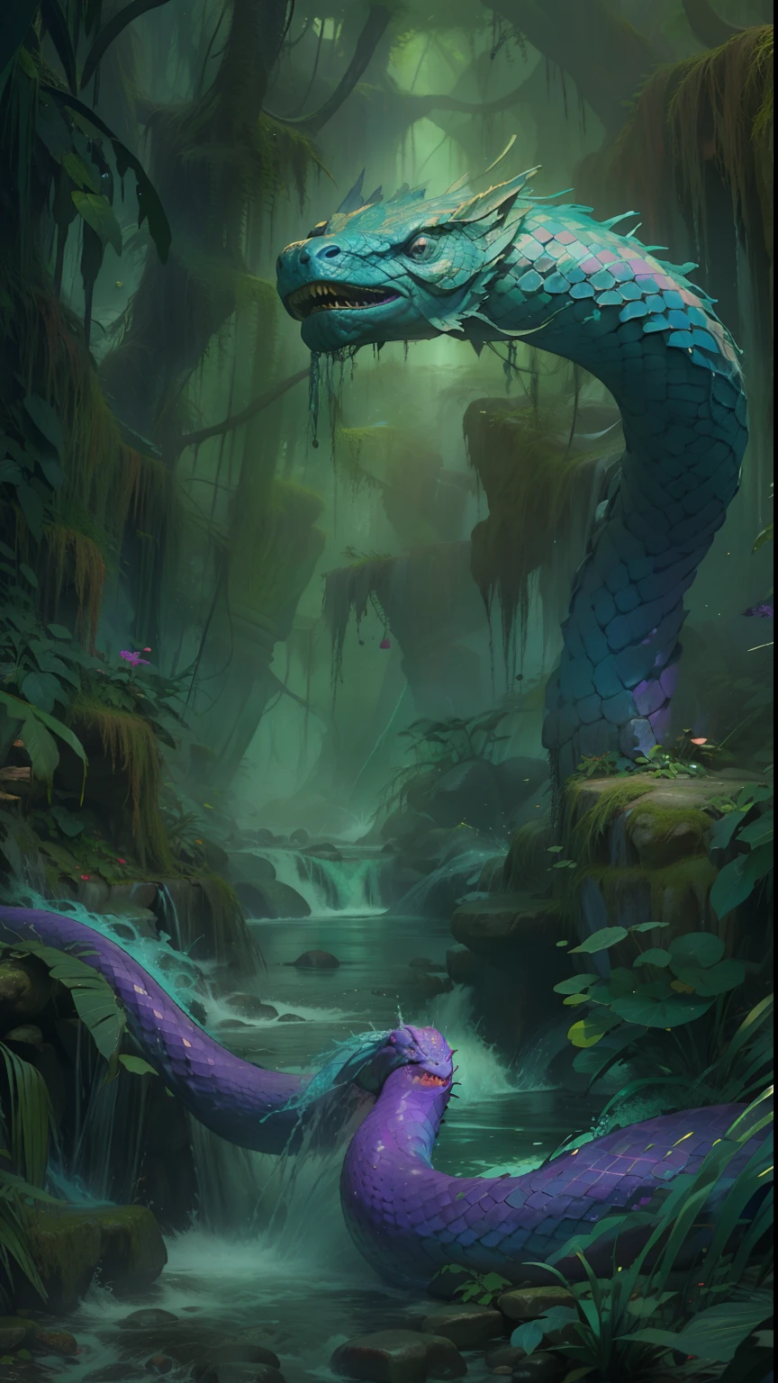 Powerful outdoor mage,Summon a giant purple snake to manipulate water magic,Mysterious jungle,green color,blue colors,purpleish color,Gradient,
Enigmatic Atmosphere, Saturated colors, Dynamic composition, Sony A7S III camera, Long live Fujifilm 100 film, 85mm lens, Bokeh effect, j.K. Rowling, j.r.r. Tolkien, George R.r. Martin, Alexander McQueen, Gucci