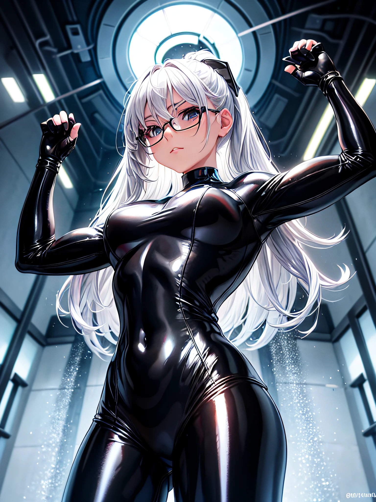 5 8K UHD、A beautiful woman with shiny black full-body wetsuit wearing glasses, silver hair, a muscular and busty beauty with a small nose is raising her arms.、Shiny black latex wetsuit with hidden skin、An angle that looks at the upper body from the front from below