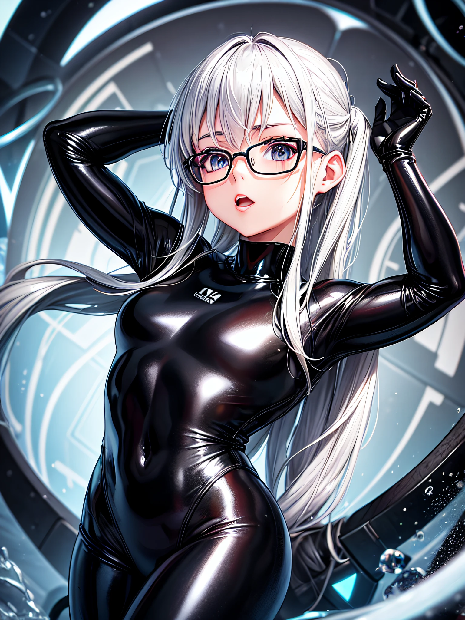 5 8K UHD、A beautiful woman with shiny black full-body wetsuit wearing glasses, silver hair, a muscular and busty beauty with a small nose is raising her arms.、Shiny black latex wetsuit with hidden skin