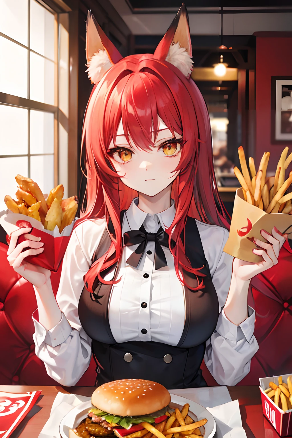 red tinted hair,fox ear,Golden eyes,Fried chicken,hamburger,french fries