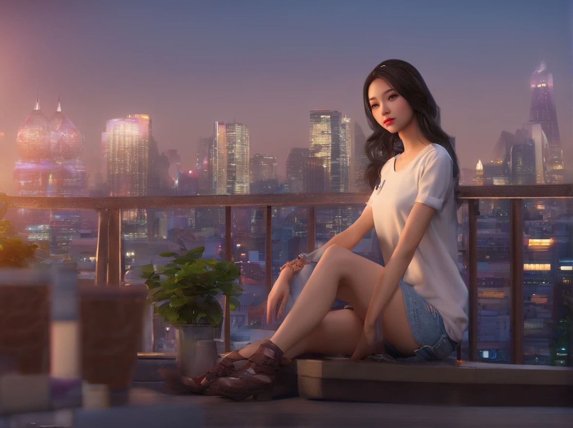 ((mid night、top-quality、8K、masterpiece:1.3)), full body Esbian, long legged, foco nítido:1.2, Beautiful woman with perfect body shape:1.4, Slender Abs:1.1, ((dark brown hair、Colossal tits:1.2)), (White tight t-shirt、Tight skinny jeans 、is standing:1.2), ((Night City View、On the rooftop:1.3)), Highly detailed facial and skin texture, A detailed eye, 二重まぶた