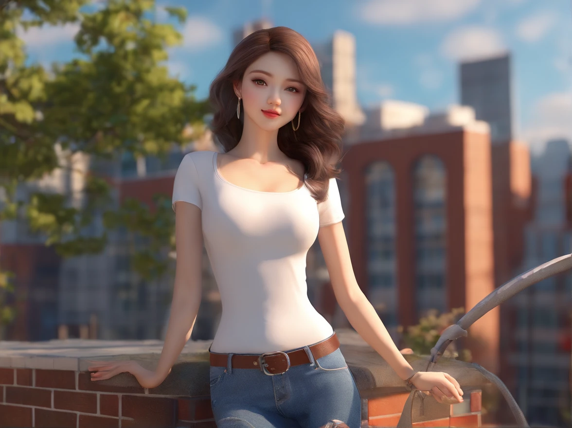((mid night、top-quality、8K、​masterpiece:1.3)), full body Esbian, long legged, foco nítido:1.2, Beautiful woman with perfect body shape:1.4, Slender Abs:1.1, ((dark brown  hair、Colossal tits:1.2)), (White tight t-shirt、Tight skinny jeans 、is standing:1.2), ((Night City View、On the rooftop:1.3)), Highly detailed facial and skin texture, A detailed eye, 二重まぶた