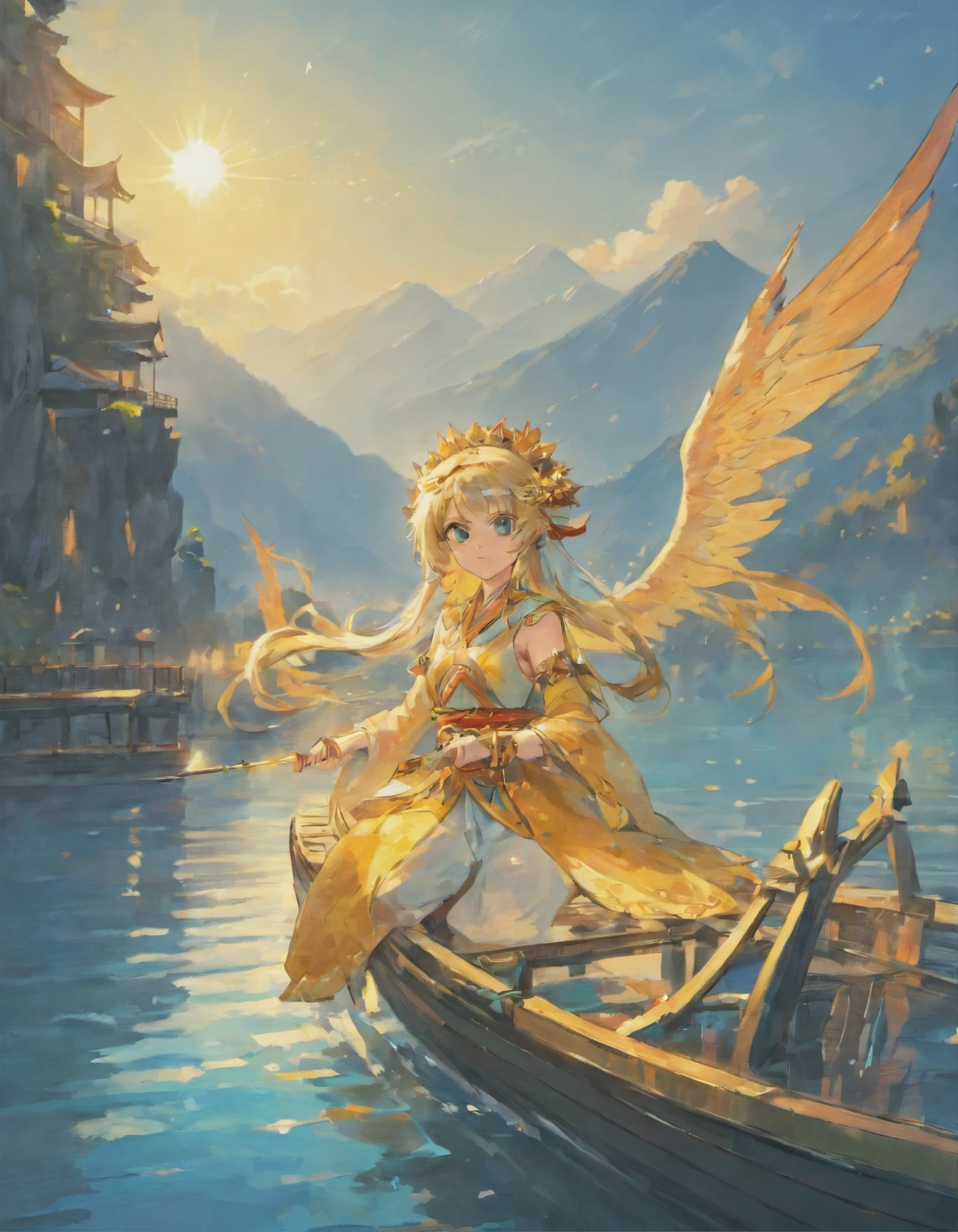 Draw boats in lakes with mountains and sun,dreamlike digital painting, fantasy digital painting, fantasy. gondola boat, Chinese style painting, digital cartoon painting art, glossy digital painting, Chinese painting style, Digital fantasy painting, 8k resolution digital painting, 8 k resolution digital painting, Fantasy landscape painting, A beautiful artwork illustration, 4 k digital painting,sword,wings