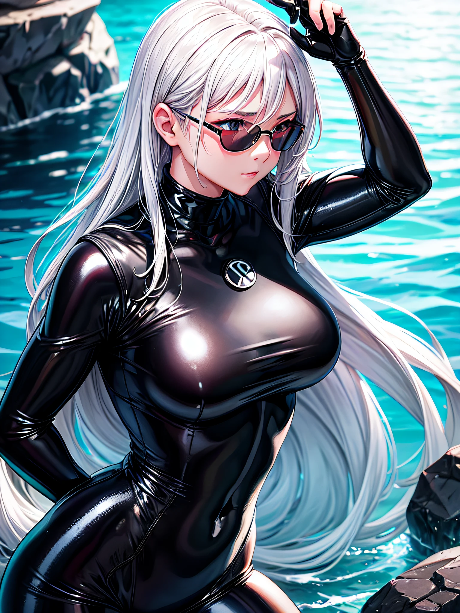 5 8K UHD、A beautiful woman with shiny black full-body wetsuit wearing glasses, silver hair, a muscular and busty beauty with a small nose is raising her arms.、Shiny black latex wetsuit with hidden skin、Front-to-top up-angle
