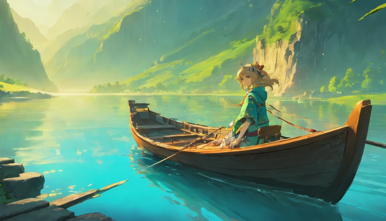 Draw boats in lakes with mountains and sun,dreamlike digital painting, fantasy digital painting, fantasy. gondola boat, Chinese style painting, digital cartoon painting art, glossy digital painting, Chinese painting style, Digital fantasy painting, 8k resolution digital painting, 8 k resolution digital painting, Fantasy landscape painting, A beautiful artwork illustration, 4 k digital painting,sword,Wings