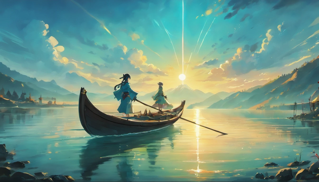 Draw boats in lakes with mountains and sun,dreamlike digital painting, fantasy digital painting, fantasy. gondola boat, Chinese style painting, digital cartoon painting art, glossy digital painting, Chinese painting style, Digital fantasy painting, 8k resolution digital painting, 8 k resolution digital painting, Fantasy landscape painting, A beautiful artwork illustration, 4 k digital painting，sword，Wings