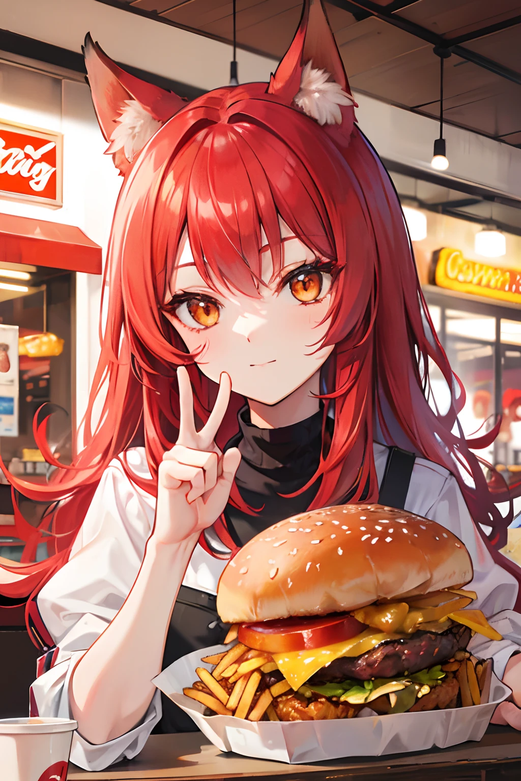 red tinted hair,fox ear,Golden eyes,Fried chicken,hamburger,french fries