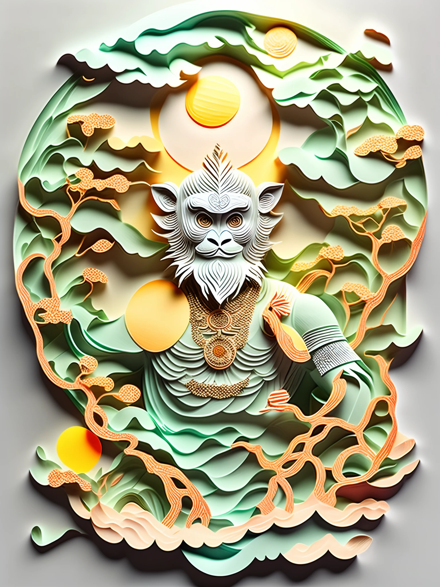 Paper cut monkey king Sun Wukong, paper cut out, Majestic paper-cutting craft, Auspicious clouds, white colors, Round outer ring、paper cut out:1.8，a color，Gradient color，simplebackground