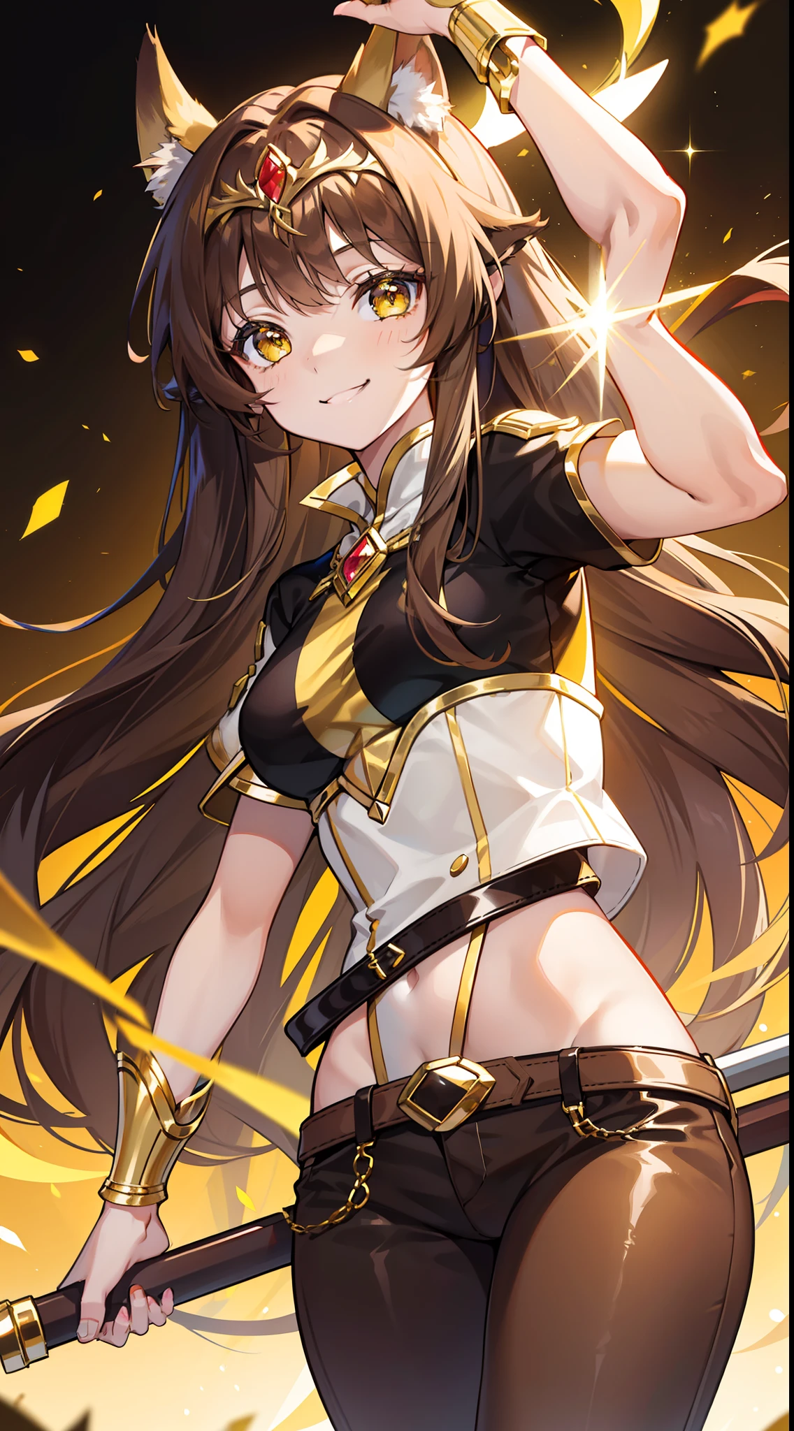 fantasy, 1angel_girl,child, ,brown_hair, medium_bob_hair, long_bangs, halo,bare_shoulder,thighhighs,silver_armor, waist_armor, large_breasts,angry,grinning,open_mouth_teeth, 1pair_wings, dynamic_pose_fighting,floating, bare_crotch, headgear,gauntlet, greaves,city_sky_background,slightly_spread_legs, solo, groin_naked,dark_skin,