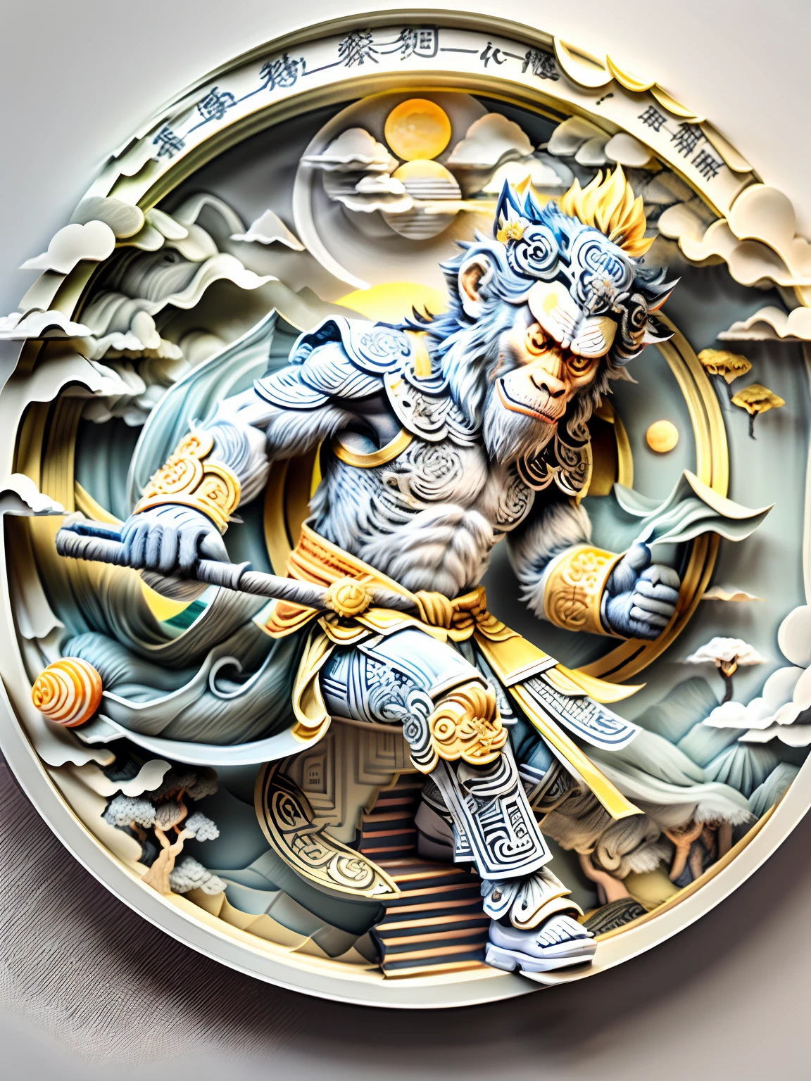 Paper cut monkey king Sun Wukong, paper cut out, Majestic paper-cutting craft, Auspicious clouds, white colors, Round outer ring、paper cut out:1.8