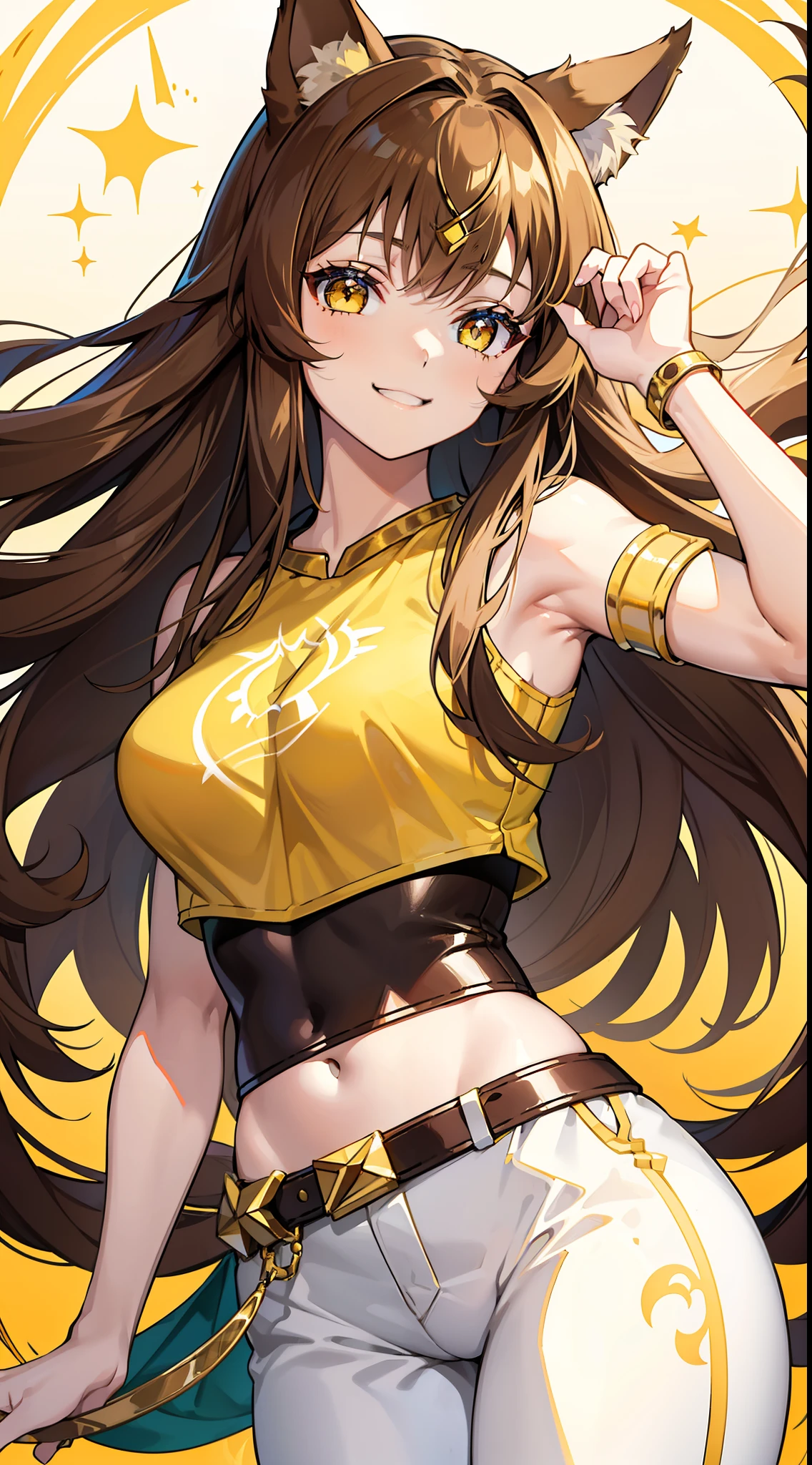 young girl, Long brown hair, cat ears, Yellow eyes, Smile, Brown tight upper, pants, diadem, Gold Elements, She-ra, Masterpiece, hiquality, 4k, HD, Good detail