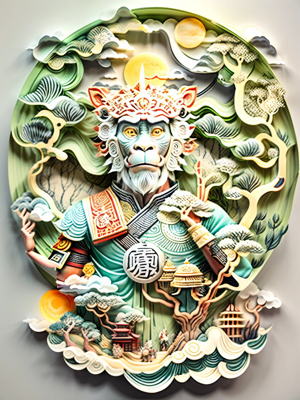 Paper cut monkey king Sun Wukong, paper cut out, Majestic paper-cutting craft, Auspicious clouds, white colors, Round outer ring、paper cut out:1.8