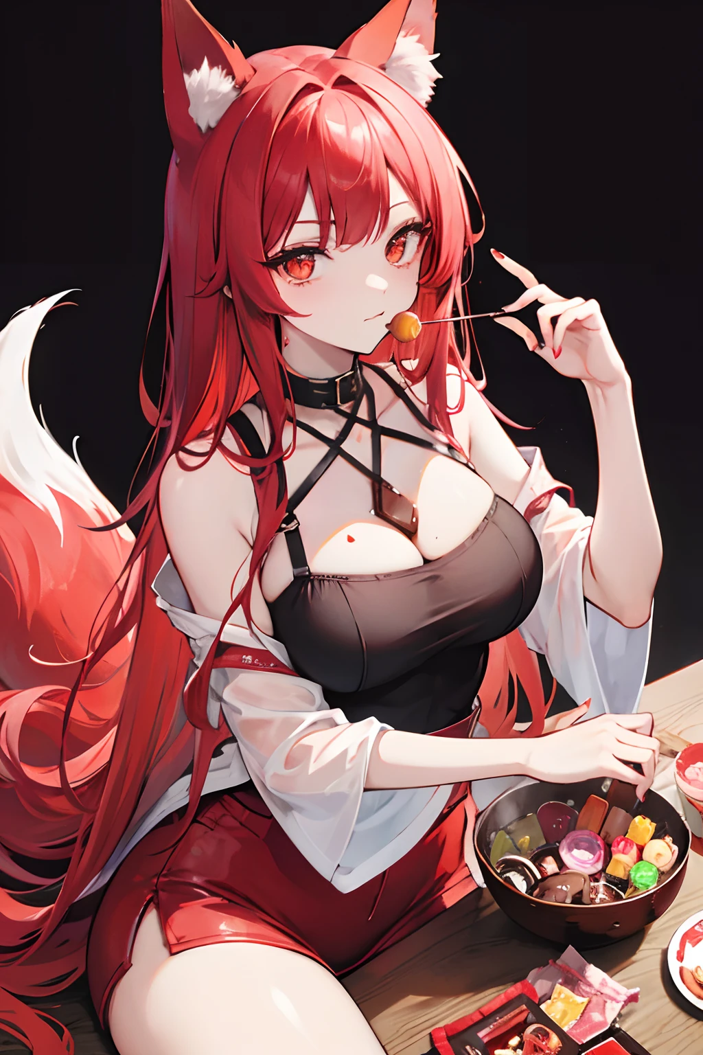 red tinted hair，fox ear，Golden eyes，Snacks，lollipop，jello，Confectionery，chocolate bar
