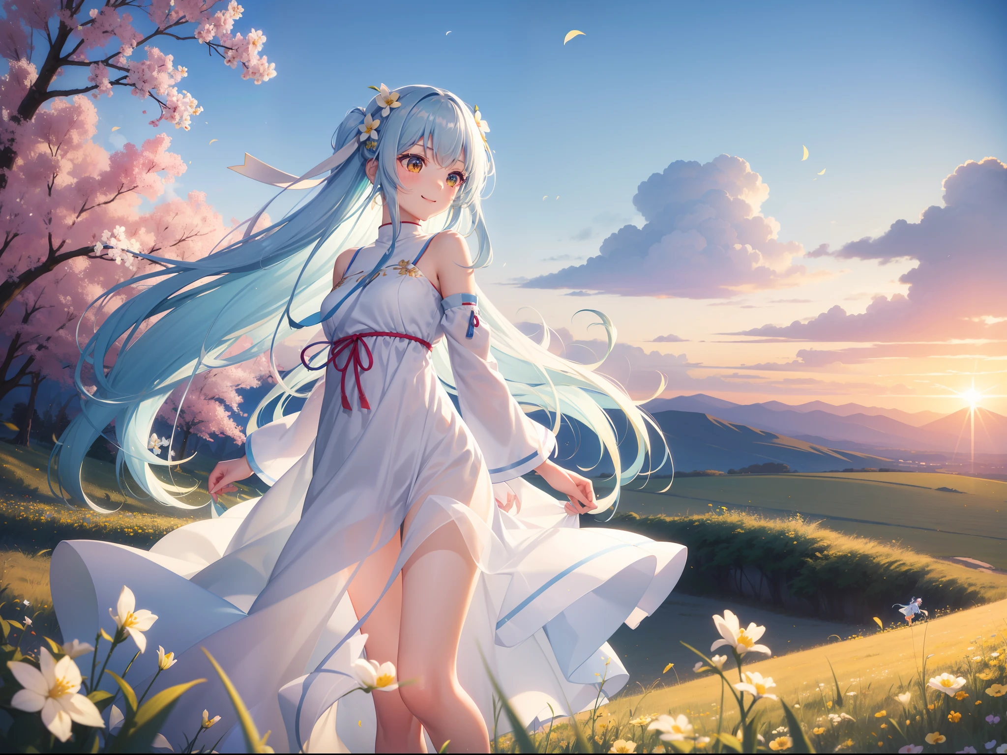 Steppe at sunset　Pretty girl　Light blue long hair　Twin-tailed　A charming smile　White and yellow long dress　Dresses fluttering in the wind　Red higan flowers are blooming all over　Face Highlights