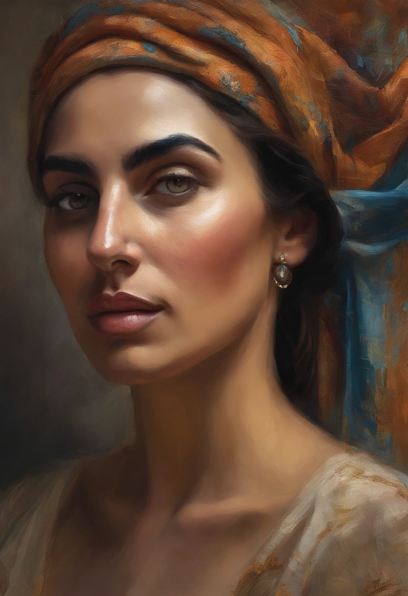 closeup of beautiful Irani Woman, Star shaped irises, ecstatic, expressive, photograph portrait, neutral makeup, Emirati traditional dressing, cinematic 4k epic detailed, photograph shot on kodak detailed bokeh cinematic hbo dark moody, skin pores, freckles, peach fuzz, depth of field, detailed hair, detailed eyes.