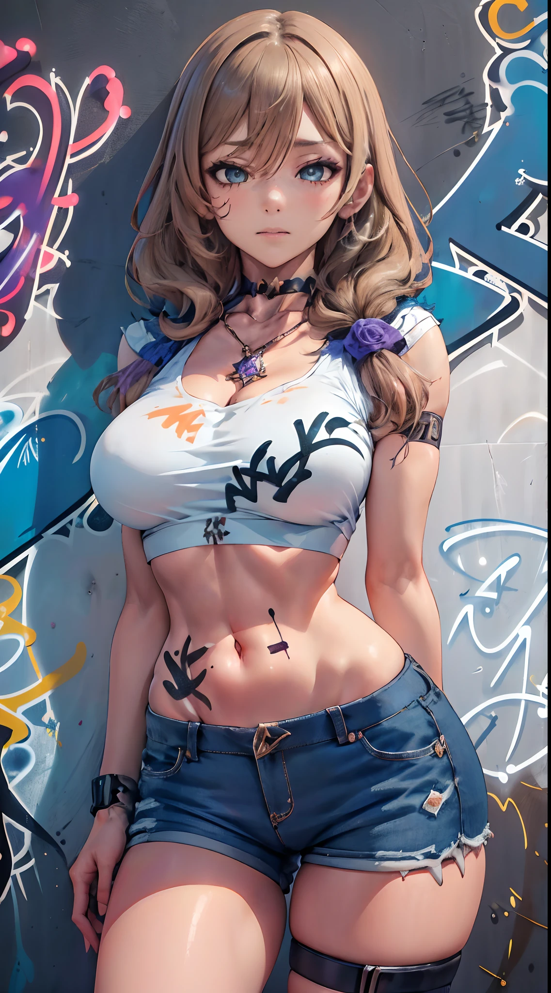 Lisa Genshin Impact Effects, master-piece, bestquality, 1girls, bara, crop top, shorts jeans, choker, (Graffiti:1.5), Splash with purple lightning pattern., arm behind back, against wall, View viewers from the front., Thigh strap, Head tilt, bored, water eyes,