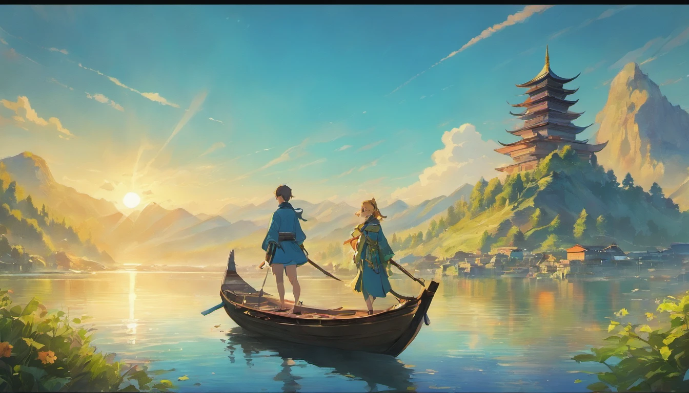 Draw boats in lakes with mountains and sun,Huge sails，dreamlike digital painting, fantasy digital painting, fantasy. gondola boat, Chinese style painting, digital cartoon painting art, glossy digital painting, Chinese painting style, Digital fantasy painting, 8k resolution digital painting, 8 k resolution digital painting, Fantasy landscape painting, A beautiful artwork illustration, 4 k digital painting