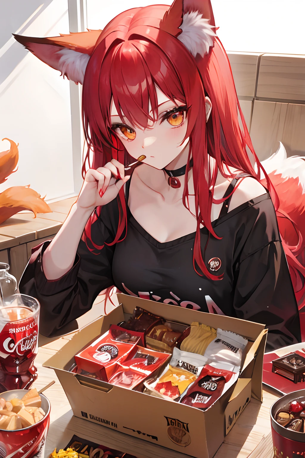 score_9,score_8_up,score_7_up,score_6_up,score_5_up,score_4_up cafe, crimson theme, crimson eyes, vermilion hair, wolf ears, off the shoulder top,ski pants, multicolored hair, two-tone hair hair over shoulder, plump, <lora:Lunas-NijiJourney-SDXL-B2:1>