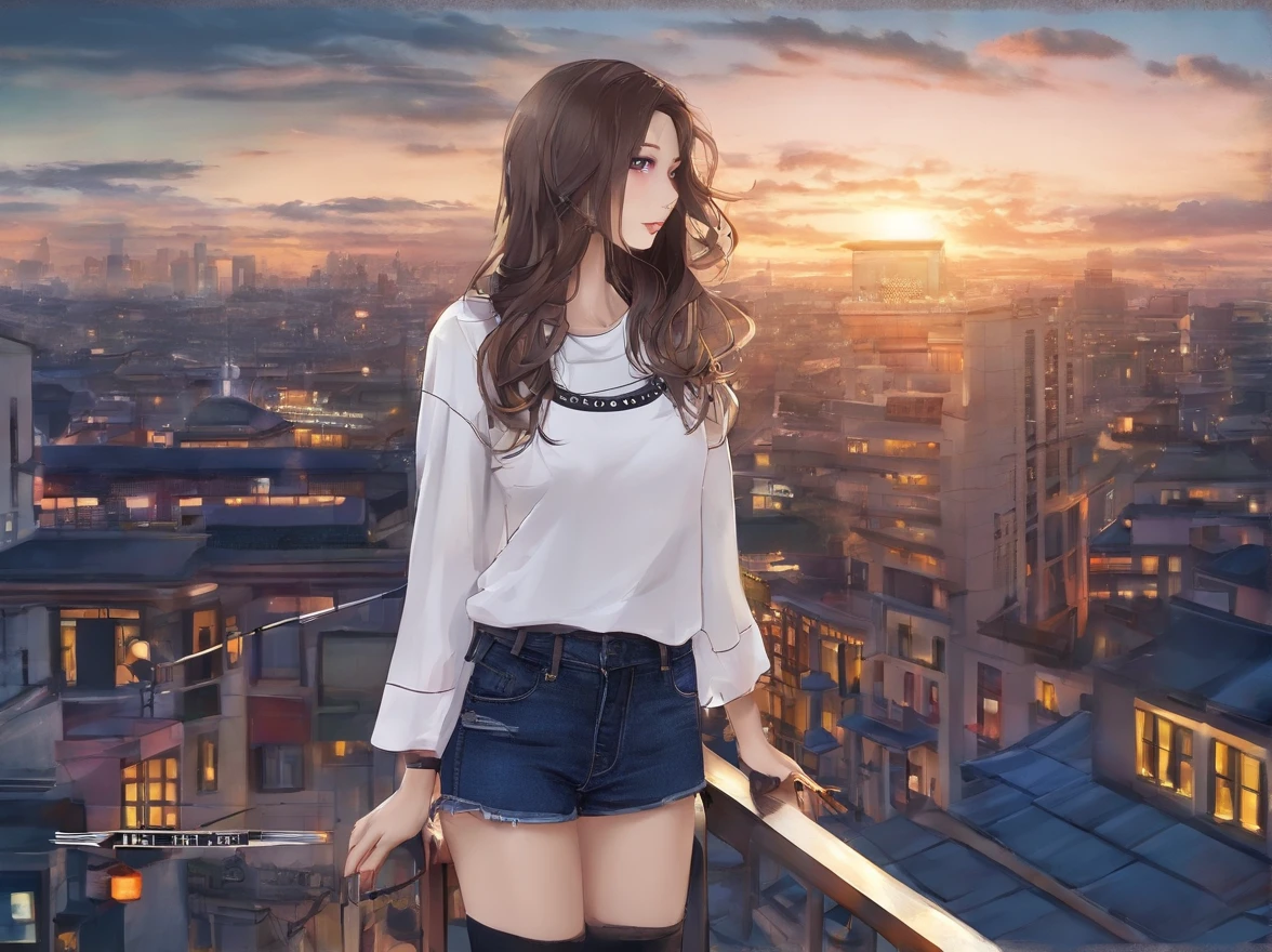 ((mid night、top-quality、8K、masterpiece:1.3)), full body Esbian, long legged, foco nítido:1.2, Beautiful woman with perfect body shape:1.4, Slender Abs:1.1, ((dark brown hair、Colossal tits:1.2)), (White tight t-shirt、Tight skinny jeans 、is standing:1.2), ((Night City View、On the rooftop:1.3)), Highly detailed facial and skin texture, A detailed eye, 二重まぶた
