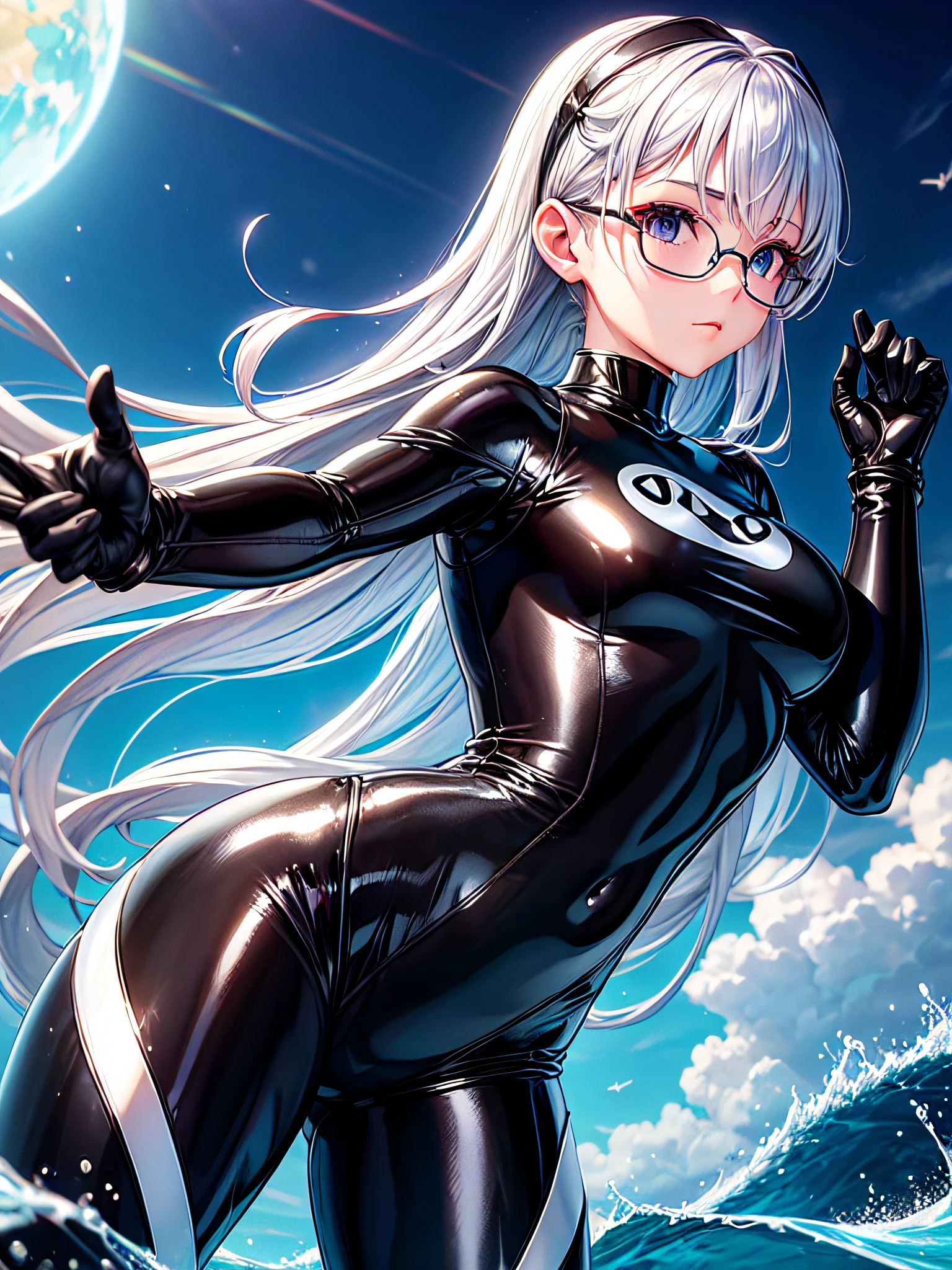 5 8K UHD、Muscular and busty beauty with small nose in a shiny silver full-body wetsuit wearing glasses is holding her hands on her head.、Shiny silver latex wetsuit with hidden skin、Front-to-top up-angle