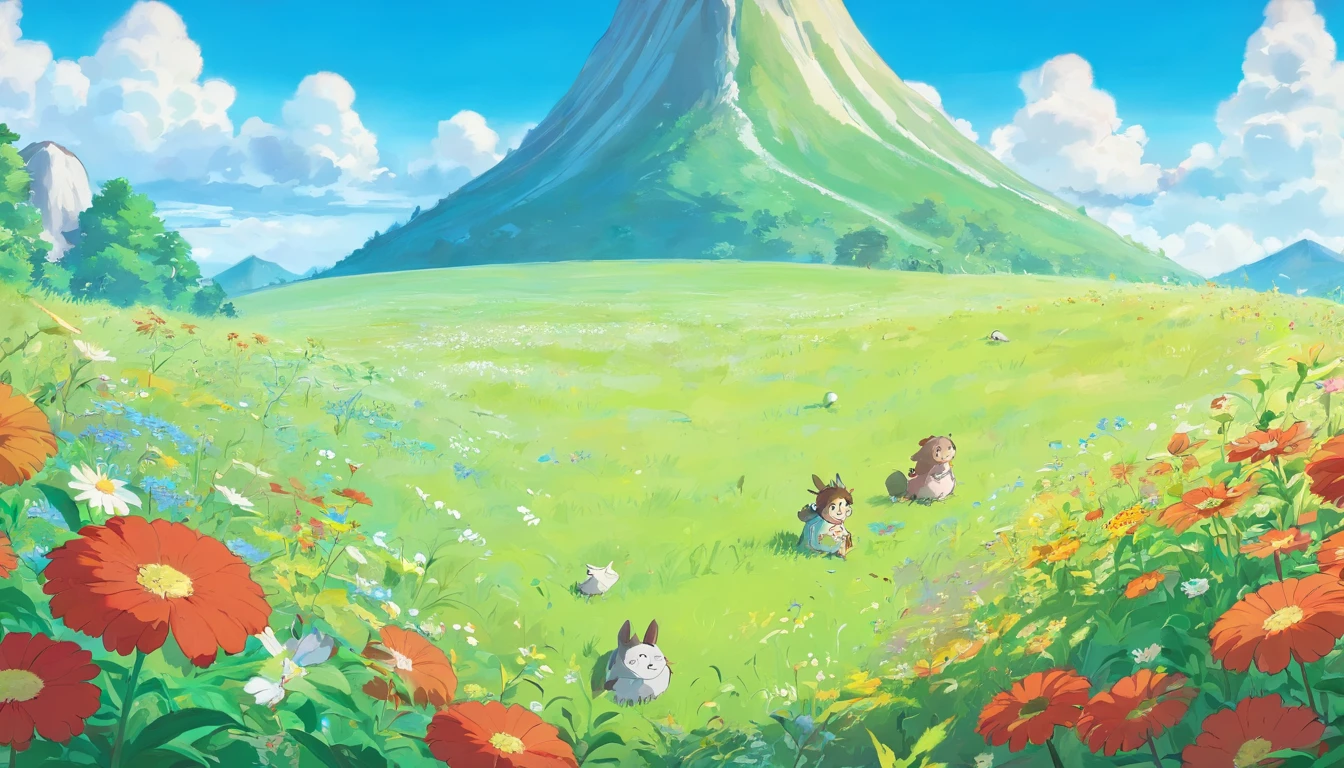 (tmasterpiece),(best qualityer)On a meadow with blue sky and white clouds,There was a big birthday cake,There is a gift box on the floor