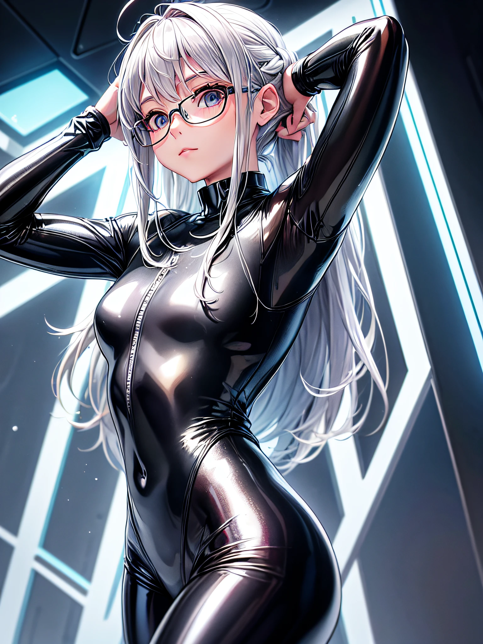 5 8K UHD、Silver-haired and small-nosed beauty in a black shiny black full-body rider suit wearing glasses is turning around with her back turned、Wearing a shiny black latex slider suit with hidden skin