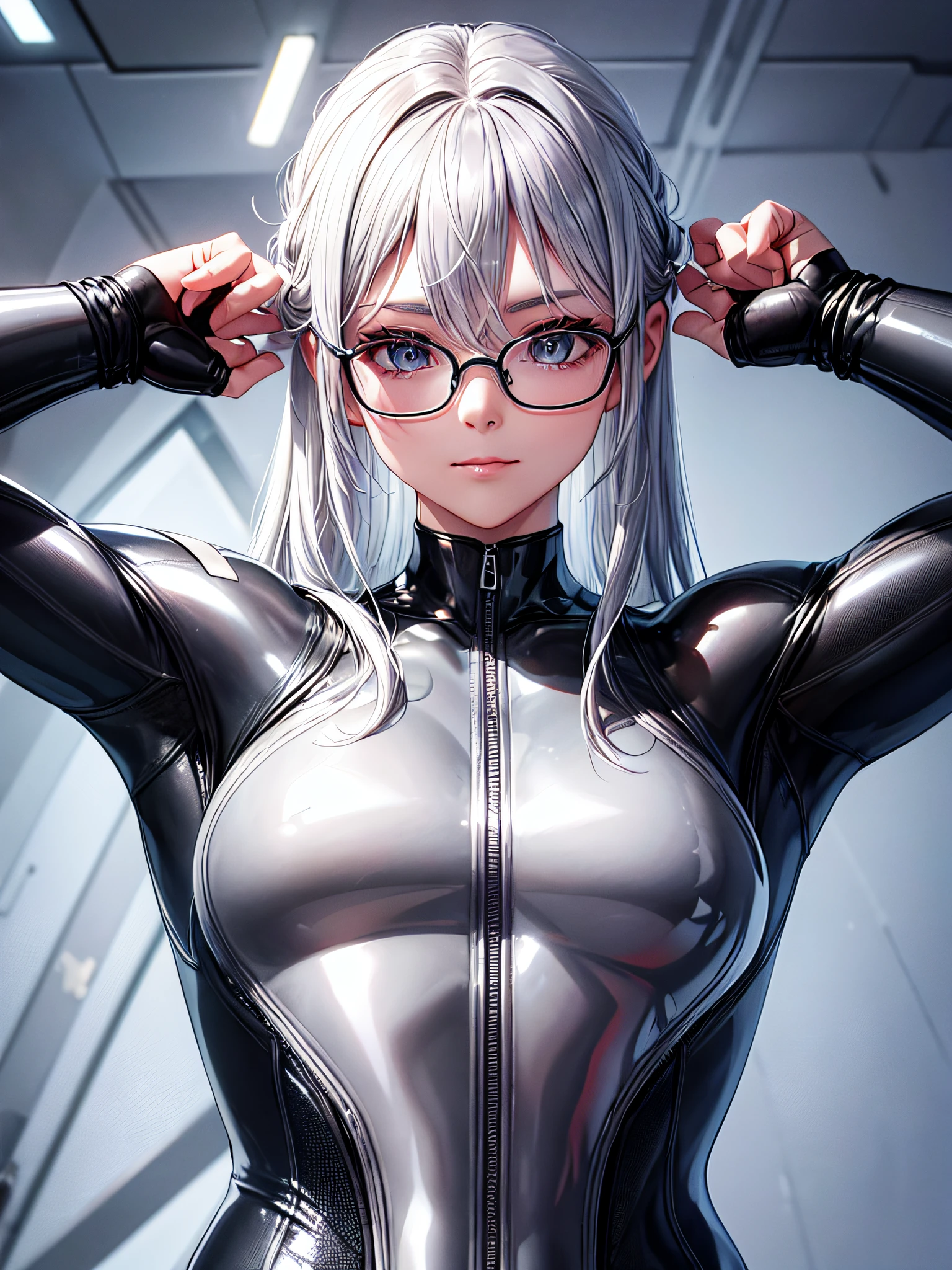 5 8K UHD、Muscular beauty with silver hair and nose in shiny silver wetsuit wearing glasses with hands on her head、Shiny silver latex wetsuit with hidden skin、Upper body up from the bottom front