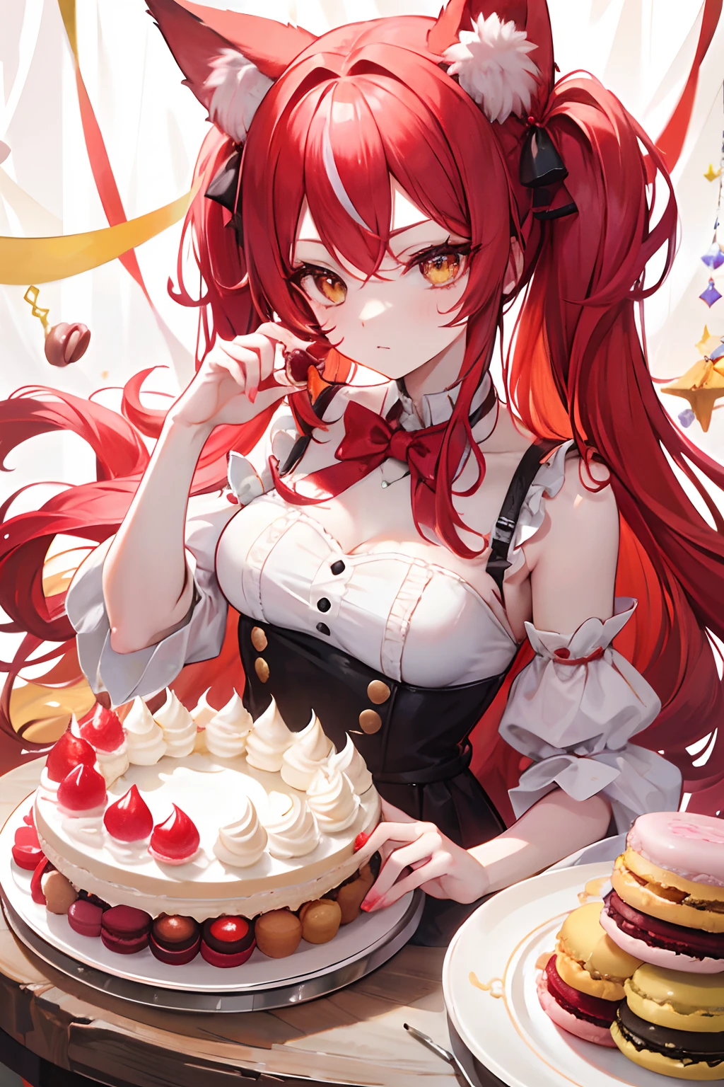 red tinted hair,fox ear,Golden eyes,jello,the fruits,Cream cake,macaron,rainbow-candy