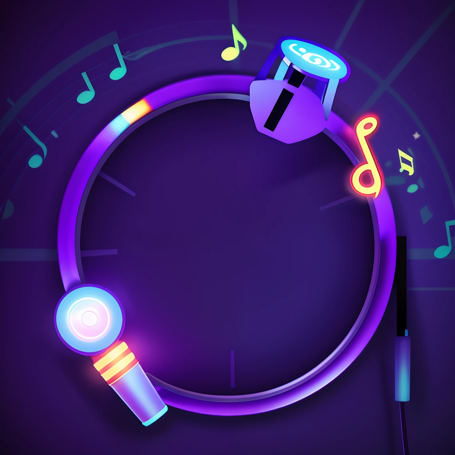 Close-up of microphone with musical notes,Gender symbols,Musical rhythm symbols,Musical performance, music festival, Neon notes, starmaker, purple color-theme, music theme, trending on artist, round format, purple color-theme