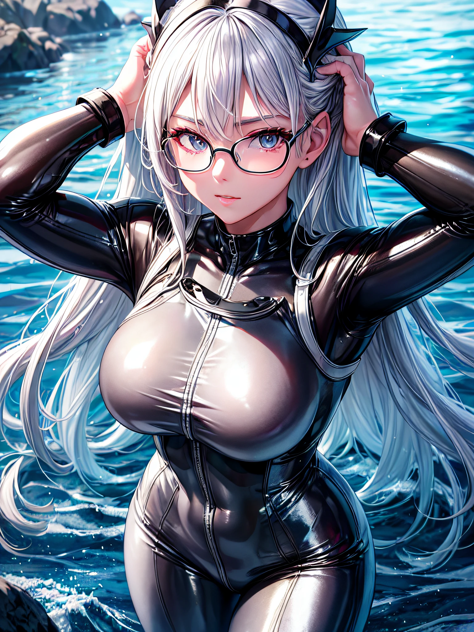 5 8K UHD、Muscular beauty with silver hair and nose in shiny silver wetsuit wearing glasses with hands on her head、Shiny silver latex wetsuit with hidden skin、Up from the waist up from the front