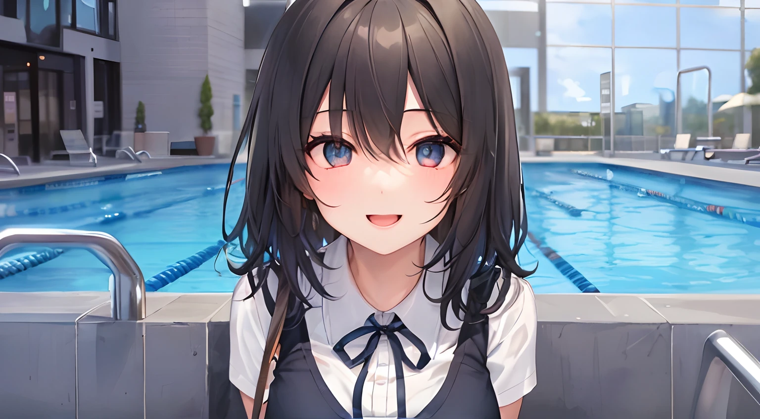 superfine illustration, very detailed beautiful face and eyes, Dynamic Angle, Laugh, School Tights, squatting, in poolside, Very short hair