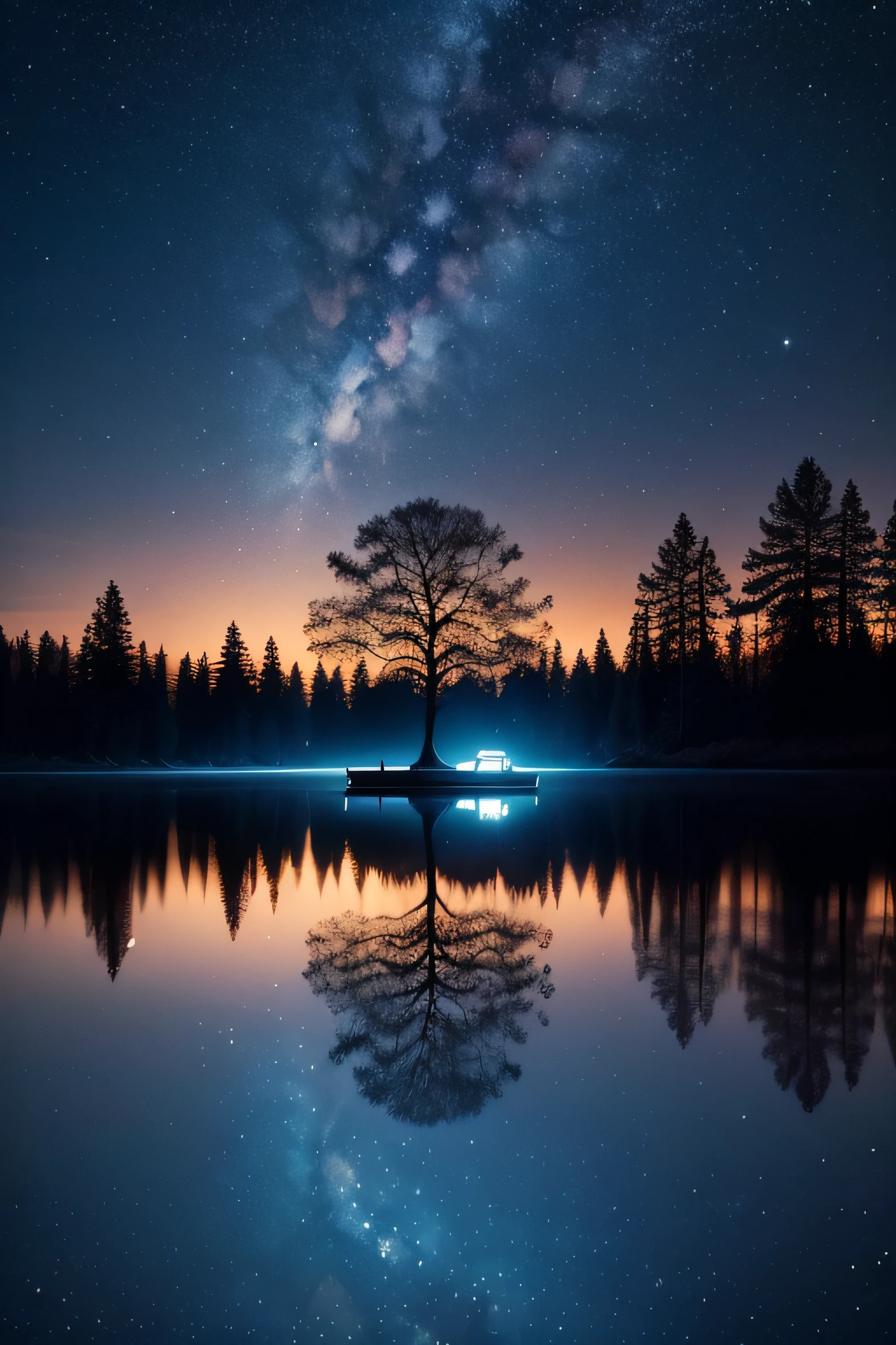 father and son, star (sky), scenery, sky, starry sky, night, tree, night sky, reflection, outdoors, blue theme, water, lake, nature