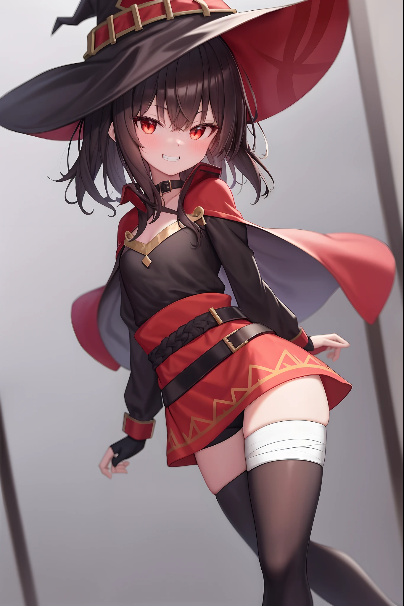 Megumi, 1girll, 独奏, standing on your feet, looking at viewert, bucket-hat, Witch hat, brown hair, short long hair, red eyes, Be red in the face,grin, a black choker, 鎖骨, flatchest, off the shoulder dress, shift dresses, Red dress, Brown cape, longer sleeves, black glove, Fingerless gloves, obi strip, Brown belt, Golden decoration, Zetai Long Iki, dent in the skin, (Asymmetrical legs:1.4), mismatched legwear,(bandaged leg:1.3),black thighhigns,(The arms are behind the back:1.3),