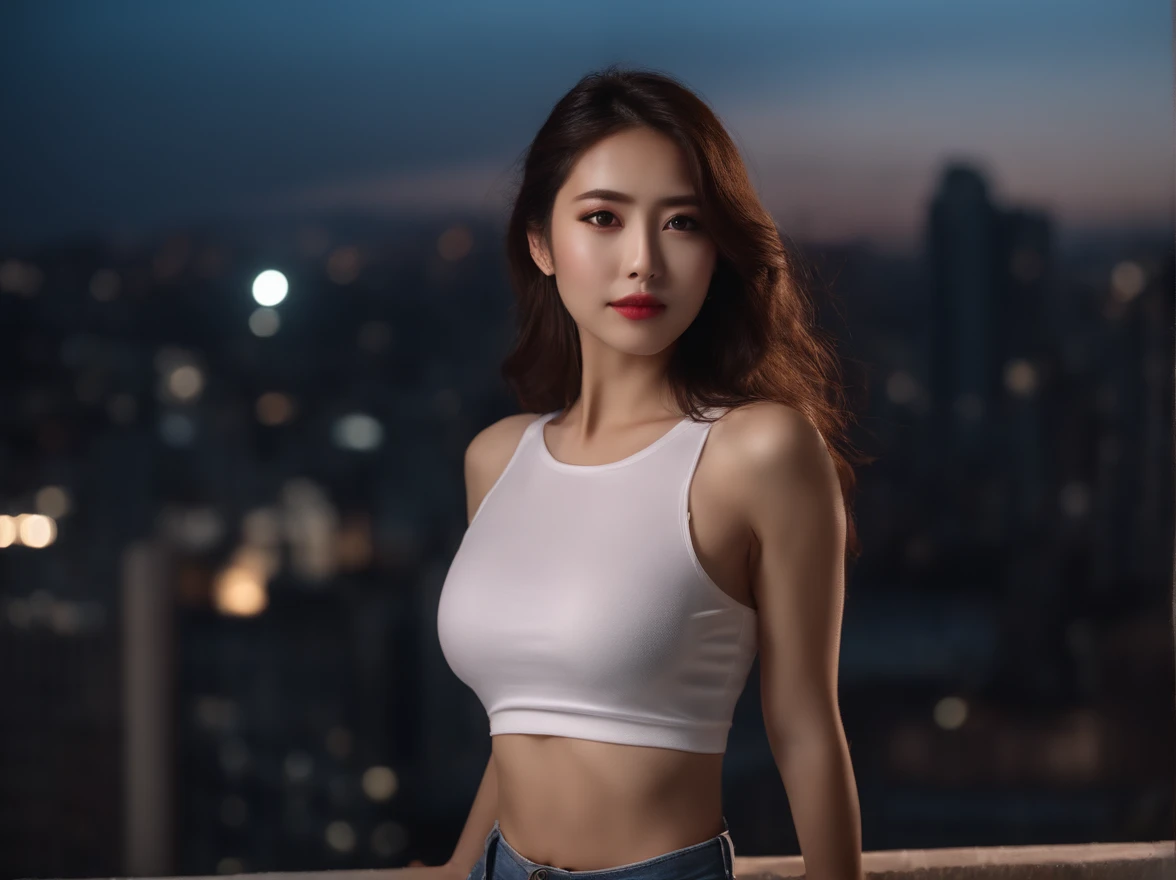 ((Midnight, Best quality, 8k, Masterpiece :1.3)), Whole body, Long legs, Sharp focus :1.2, A pretty woman with perfect figure :1.4, Slender abs :1.1, ((Dark brown hair, Big breasts :1.2)), (White tight tshirt, Jean bib, Standing:1.2), ((Night city view, Rooftop:1.3)), Highly detailed face and skin texture, Detailed eyes, Double eyelid
