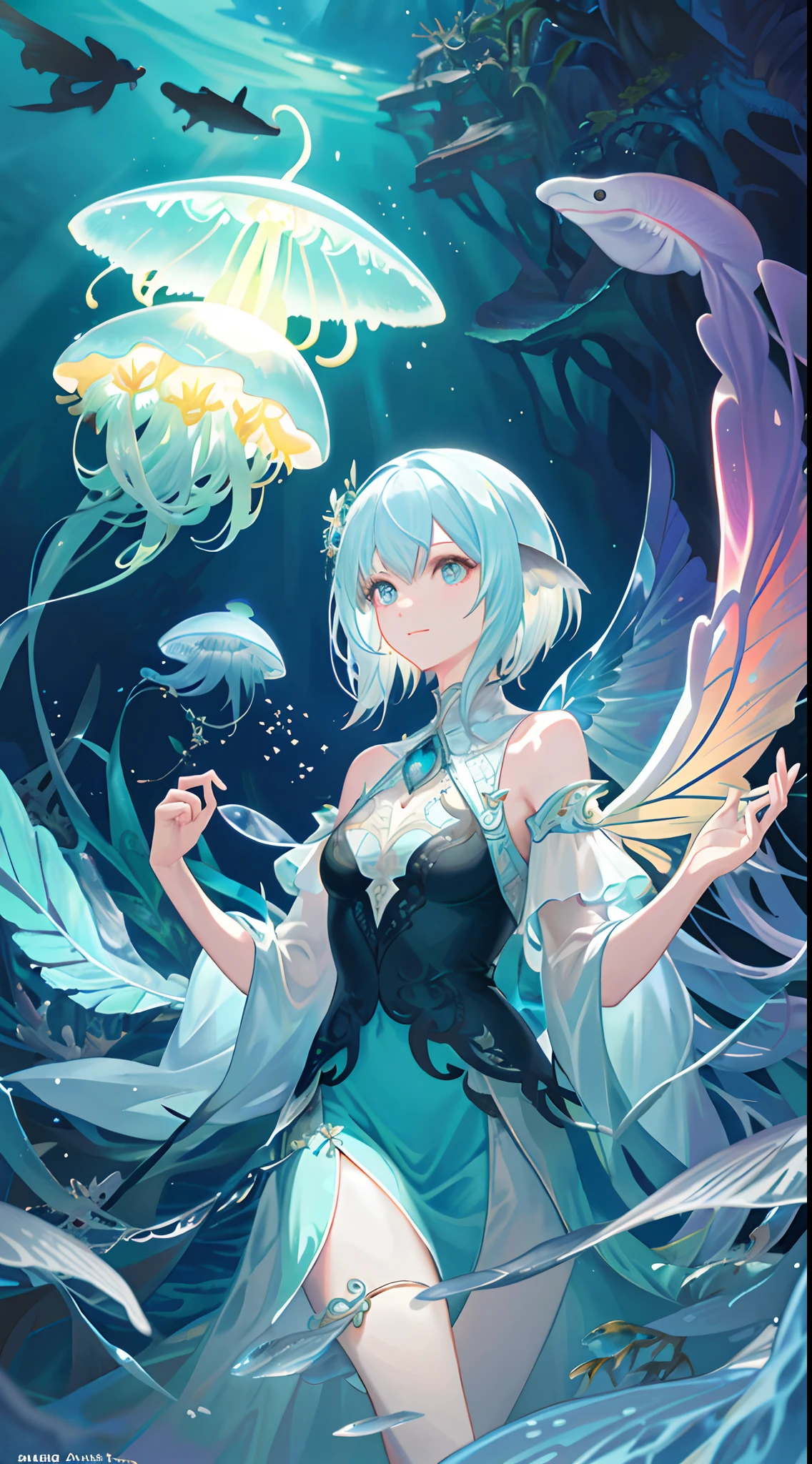 Masterpiece, High Quality, Ocean Forest, City, Fantastic Fantasy, Glowing Plants, Coral Viaduct, (Swarm of Glowing Jellyfish), (Shoal of Fish with Transparent Wings Flying in the Sky), Misty, Extreme Detail, Morning Light, Epic Composition, (Intricate Detail), (Intricate Design, Ultra Detail: 1.2), Art Station, (Masterpiece, Best Quality), Ultra HD, 32k ,castle,1girl --v 6