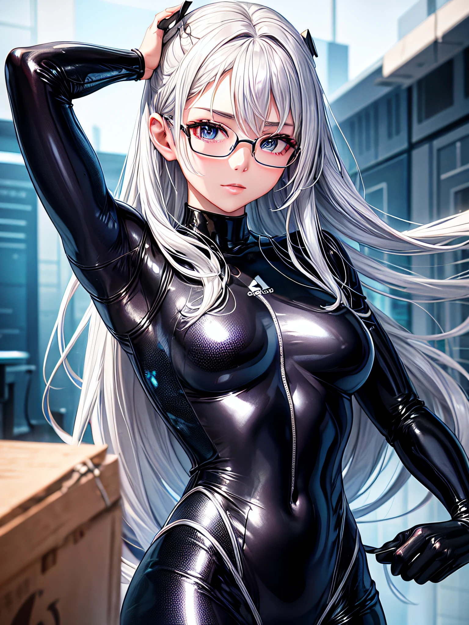 5 8K UHD、Muscular beauty with silver hair and nose in shiny silver wetsuit wearing glasses with hands on her head、Shiny silver latex wetsuit with hidden skin、Armpit up from the front