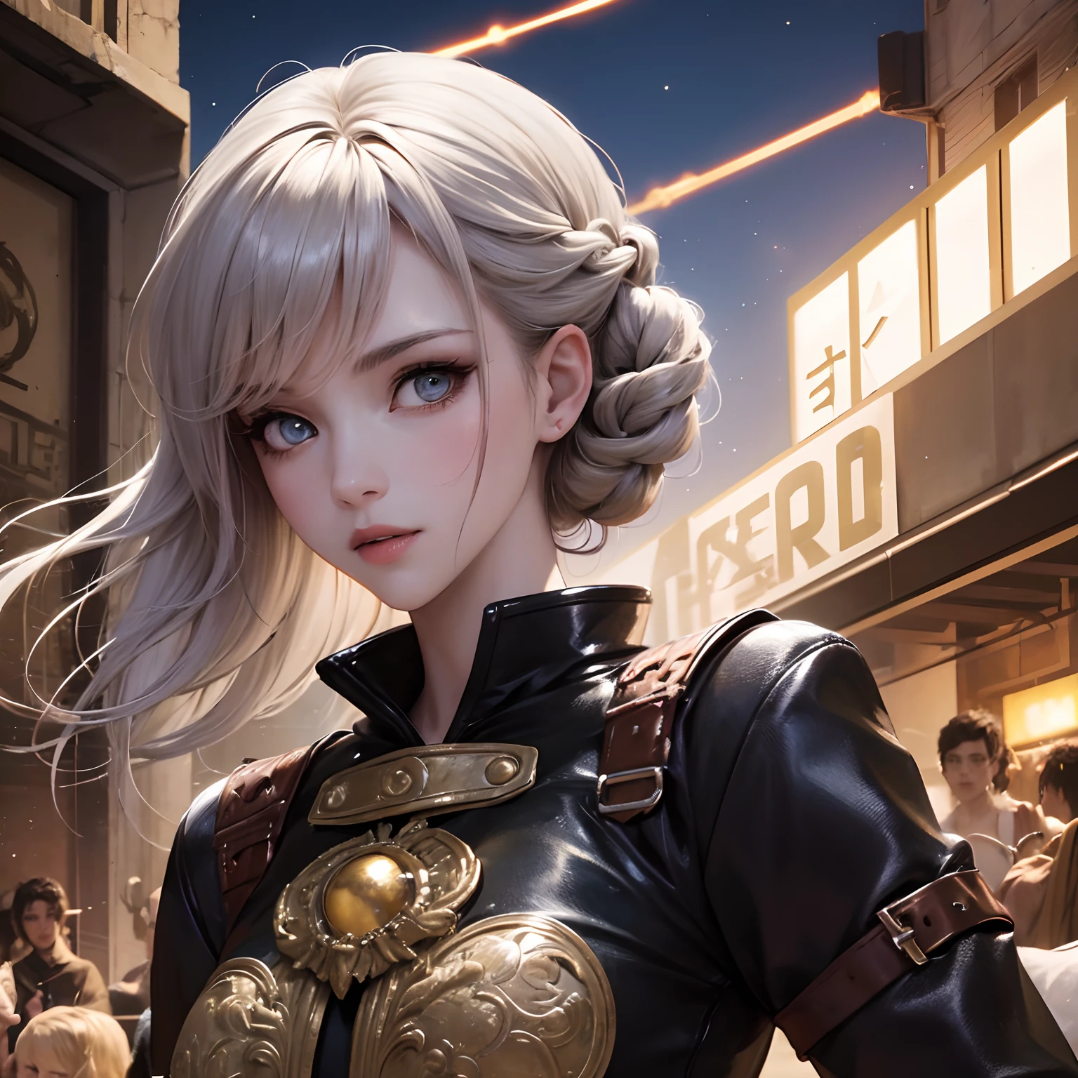 finest image, portrait, detailed and delicate depiction, a female warrior wearing a long black leather coat, sexy, beautiful, cute, abs, slender, amorous expression, lewd expression, light silver glossy braided bangs short hair, light blue sparkling big eyes, double eyelids, background Northern Renaissance style, galaxy, midnight city, ruins, piles of rubble, puddles, rainbow and gold neon light many lines, iridescent, magic circle, fantasy, professional lighting