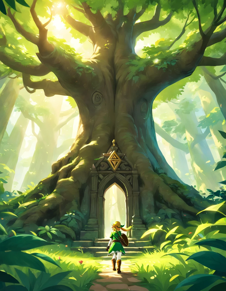 A detailed illustration of a femenine link, (from behind:1.3), a enormous tree with face in front of her, In the entrance of a jungle temple, ant view, From below, Imposing, epic, sunbeams through the tree leaves