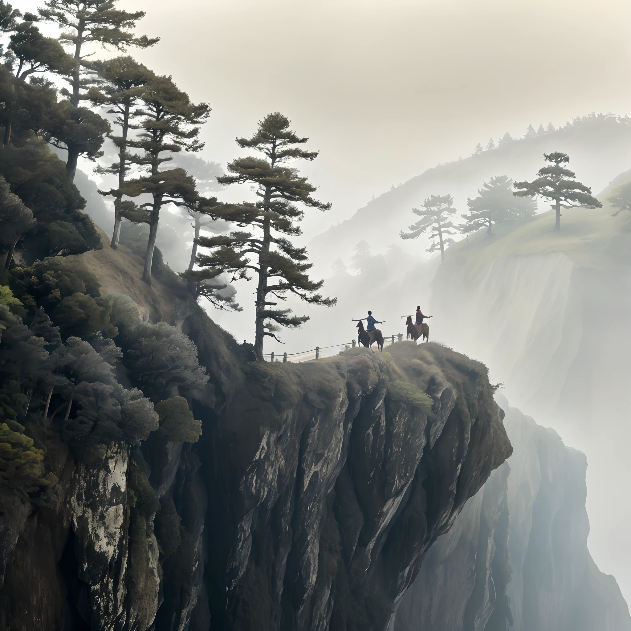 There were people in the fog riding horses on the hillside, cliffside, Dangerous cliffside, wanderer above the sea of fog, By Fei Danxu, foggy photo 8 k, misty mountains, By Shen Quan, mountains in fog background, Mist, detailed trees and cliffs, Emerge from the fog, zhangjiajie in early morning, traveling through the mountains，There is also a shrine